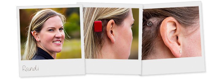 Three Polaroids of Randi a woman with a cochlear implant