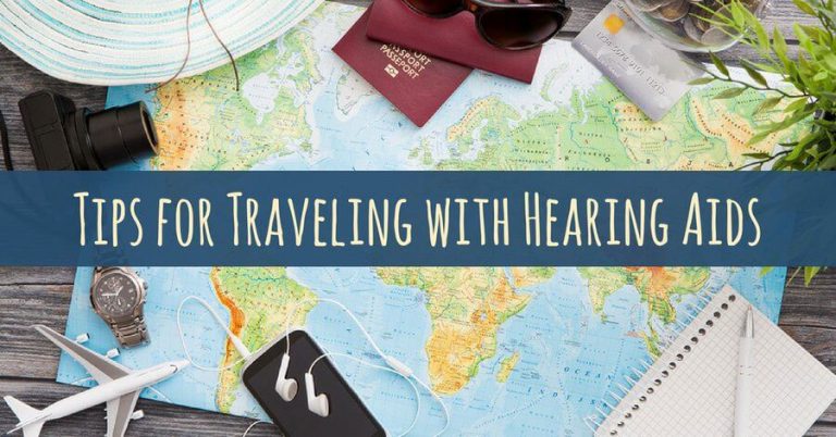 "Tips for traveling with hearing aids" over the image of a map and various travel items