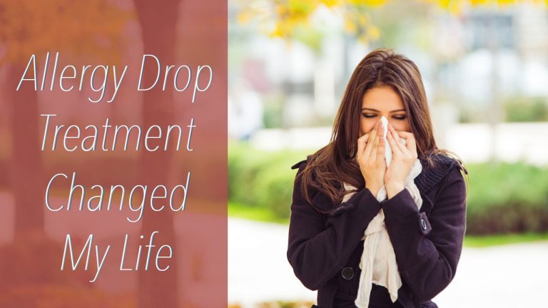 Woman blowing her nose outside "allergy drop treatment changed my life"