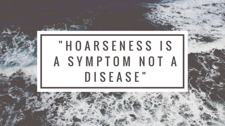 "Hoarseness is a symptom not a disease" in a white box over top of the ocean