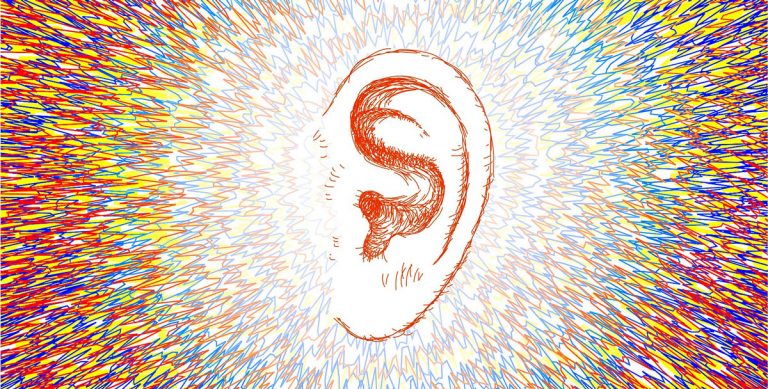 Graphic of an ear with yellow, blue, and red scribbles surrounding it.